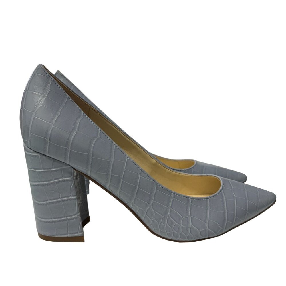 Nine West Cara Dress Pumps Womens 5.5 Light Blue Croc Embossed Print Block Heels